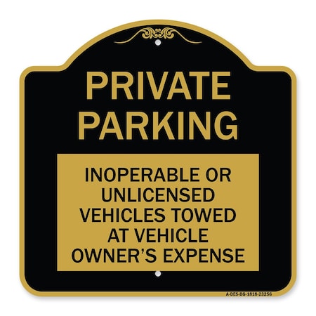 Signmission Private Parking Inoperable or Unlicensed Vehicles Towed at Vehicle Owners Expense, BG-1818-23256 A-DES-BG-1818-23256